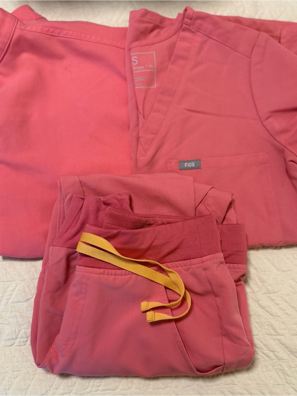 Figs Women's Neon (coral) Pink Scrub Set with Yellow Drawstring